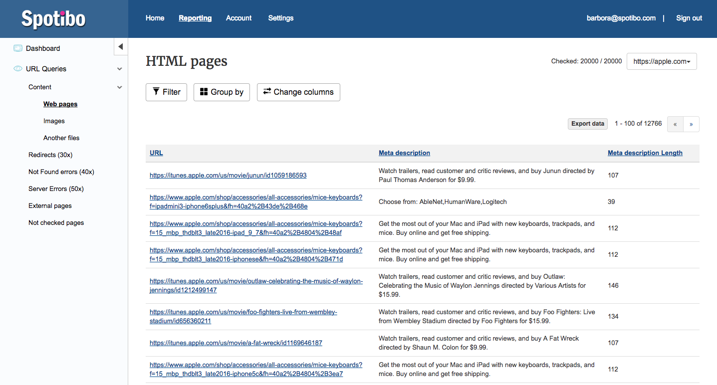 Checking meta description in Spotibo SEO tool